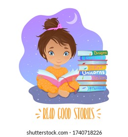 Reading girl illustration design. Vector illustration concept of cute little girl reading a book in siting pose. Good for banner, greeting card, posters.