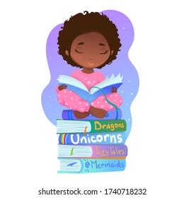 Reading girl illustration design. Vector illustration concept of cute little girl reading a book in siting pose. Good for banner, greeting card, posters.