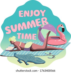 Reading girl on the beach vector graphic with text and summer elements