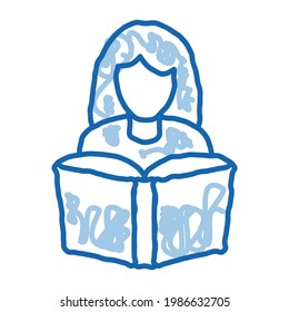 reading girl sketch icon vector. Hand drawn blue doodle line art reading girl sign. isolated symbol illustration