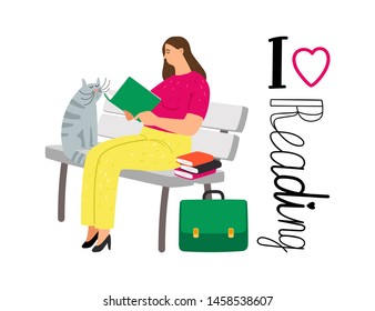 Reading girl. Student woman girl love to read books on street bench with cute funny cat vector illustration