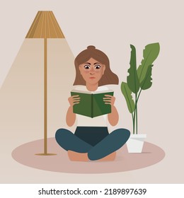 Reading girl under lamp vector illustration read books concept isolated flat design colorful Young woman studying and preparing. textbook icon education hobby library drawing distance learning