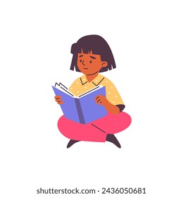 Reading girl. Vector illustration of a dark-skinned girl sitting on the floor and absorbed in a book, in a flat, isolated image. The character is studying homework or reading a fairy tale.