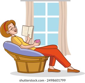 Reading girl. Young woman read book in room, morning education or relax. Summer time, vacation or week end vector illustration