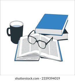Reading glasses and a book on a white background. Vector illustration. An opened old book with a bookmark, paper and pen for notes, a stack of books and Mug. Pile of old books and glasses. 2219
