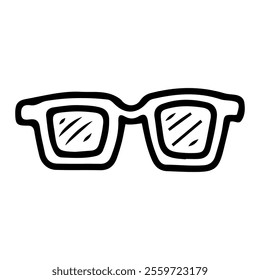 Reading glasses hand drawn doodle. Optical accessory with transparent lenses in classic frame. Device for correction of poor vision. Vector line art illustration.