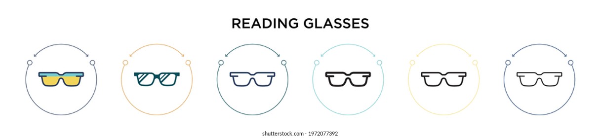 Reading glasses icon in filled, thin line, outline and stroke style. Vector illustration of two colored and black reading glasses vector icons designs can be used for mobile, ui, web