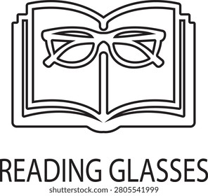Reading glasses icon with open book design, eyeglasses symbol , education and vision concept vector illustration, black and white outline style isolated on transparent background