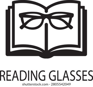 Reading glasses icon with open book design, eyeglasses symbol , education and vision concept vector illustration, black and white outline style isolated on transparent background