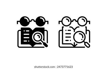 Reading Glasses icon, represented by a magnifying glass, glasses and an open book. icons with outline and glyph or solid style