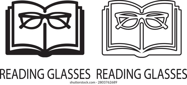Reading glasses icon set with open book design, eyeglasses symbol collection, education and vision concept vector illustration, black and white outline style isolated on transparent background