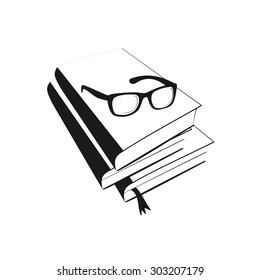 Reading glasses on the books. Books and glasses illustration isolated on white background. Black and white book and glasses. Vector book isolated.