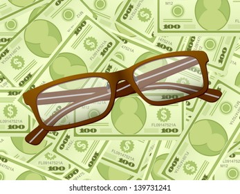 Reading glasses on a dollars background. Vector illustration.