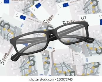 Reading glasses on five euros background. Vector illustration.