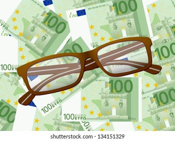 Reading glasses on one hundred euros background. Vector illustration.