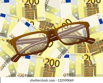 Reading glasses on two hundred euros background. Vector illustration.