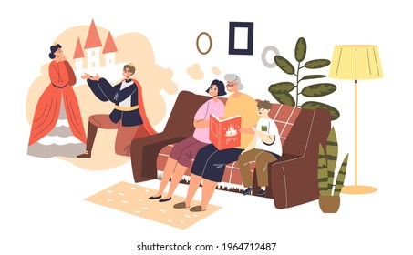 Reading to grandchildren: grandma with book telling fairy story to small boy and girl. Grandmother spend time with grandchildren. Cartoon flat vector illustration