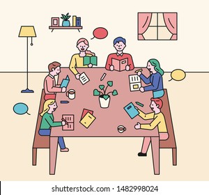 Reading group members are sitting at the table and talking. flat design style minimal vector illustration.