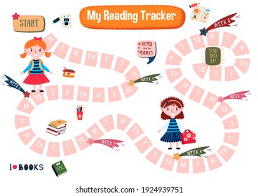 Reading habit tracker for children. School Agenda about books. Printable Timetable for read. Cute girls on planner for student. Schedule to plan reading. 