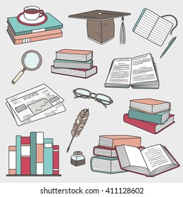 Reading, hand drawn objects set. Big collection of colorful elements vector. Decorative illustration