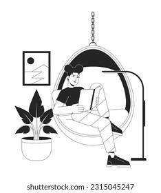 Reading in hanging chair bw vector spot illustration. Asian woman reading book 2D cartoon flat line monochromatic character for web UI design. Girl bookworm editable isolated outline hero image