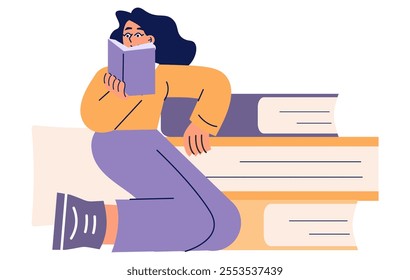 Reading hobby concept. An engaged woman enjoys a book, sitting comfortably on stacked books. Knowledge, leisure, and literature love. Vector illustration.