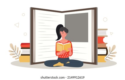 Reading hobby concept. Girl sits in lotus position with book in hands, character in apartment, education and self development. Student preparing for exam or test. Cartoon flat vector illustration