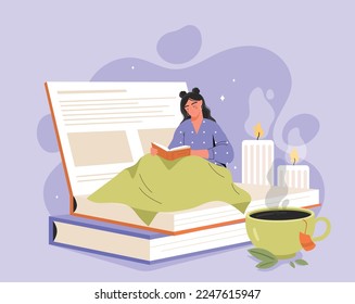 Reading hobby concept. Young girl sitting on big book with candles. Education and training, love of literature and useful hobby. Poster or banner for website. Cartoon flat vector illustration