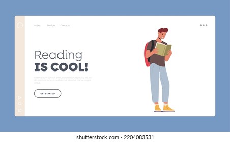 Vorlage für Hobby-Landing-Seiten lesen. Young Man Student Character Reading Buch. College oder Universitätsausbildung, Schüler Vorbereitung auf die Prüfung, männliche Charaktere erhalten Wissen. Vektorgrafik von Cartoon People