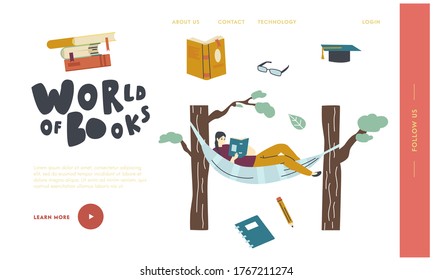 Reading Hobby and Leisure Landing Page Template. Female Character Relaxing Lying in Hammock Hanging at Trees and Read Book. Girl Prepare for University Exams, Recreation. Linear Vector Illustration