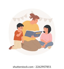 Leer la Sagrada Biblia aisló la caricatura de ilustración vectorial. El padre joven lee las escrituras a sus hijos, familia religiosa, rituales cotidianos con la Biblia, dibujos vectores de estilo de vida cristiano.