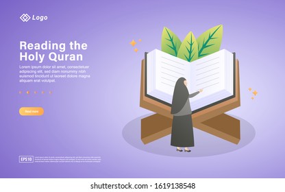 Leyendo el concepto de diseño plano sagrado del Corán. Mujeres leyendo el Corán en el mes de Ramadán, musulmanes recitando versos. Puede ser usado para página de inicio web, banner, ui. Ilustración vectorial