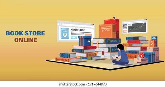 Reading at home online learning, online library, book stacking vector concept