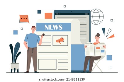 Reading hot news. Man and girl looking for information, social networks and mass media. Popular newspapers, comfortable rest. Modern and trendy business concept. Cartoon flat vector illustration