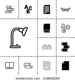 Reading icon. collection of 13 reading filled and outline icons such as book, paper, abc, glasses, table lamp. editable reading icons for web and mobile.