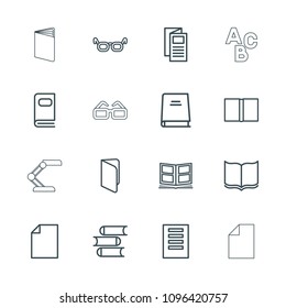 Reading icon. collection of 16 reading outline icons such as book, news, glasses, paper, document, photo album, abc. editable reading icons for web and mobile.