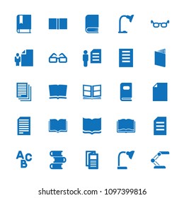 Reading icon. collection of 25 reading filled icons such as book, news, paper, glasses, table lamp, photo album, man and document. editable reading icons for web and mobile.