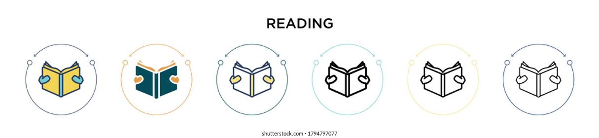 Reading icon in filled, thin line, outline and stroke style. Vector illustration of two colored and black reading vector icons designs can be used for mobile, ui, web