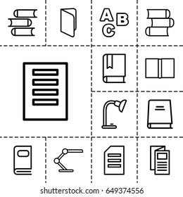 Reading icon. set of 13 outline readingicons such as book, news, table lamp, photo album, paper, abc