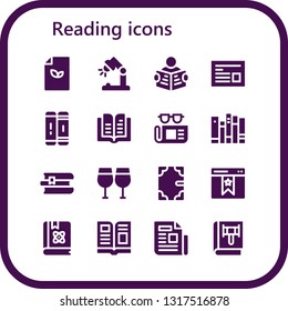 reading icon set. 16 filled reading icons.  Collection Of - Paper, Desk lamp, Read, Newspaper, Library, Book, Books, Glasses, Bookmark, Magazine
