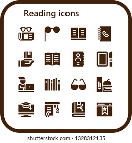 reading icon set. 16 filled reading icons.  Simple modern icons about  - Newspaper, Glasses, Book, Phone book, Education, Dissection, Student, Books, Bookmark