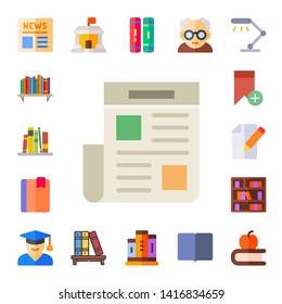 reading icon set. 17 flat reading icons.  Collection Of - newspaper, bookshelf, book, bookmark, paper, student, library, books, professor, desk lamp