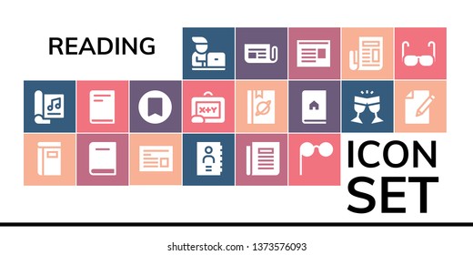 reading icon set. 19 filled reading icons.  Collection Of - Student, Magazine, Book, Newspaper, Phone book, Glasses, Bookmark, Blackboard, Paper