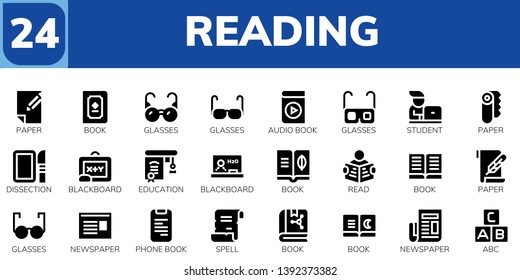 Reading Icon Set. 24 Filled Reading Icons.  Simple Modern Icons About  - Paper, Book, Glasses, Audio Book, Student, Dissection, Blackboard, Education, Read, Newspaper, Phone Book