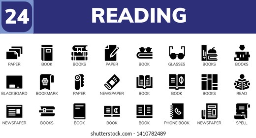 reading icon set. 24 filled reading icons.  Simple modern icons about  - Paper, Book, Books, Glasses, Blackboard, Bookmark, Newspaper, Read, Phone book, Spell