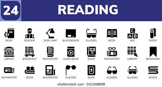 reading icon set. 24 filled reading icons.  Simple modern icons about  - Book, Reading, Desk lamp, Blackboard, Glasses, Abc, Paper, Library, Bookshelf, Newspaper, Audio book, Bookmark