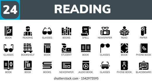 reading icon set. 24 filled reading icons.  Simple modern icons about  - Book, Reading, Glasses, Books, Spell, Newspaper, Read, Paper, Bookshelf, Student, Phone book, Audio book
