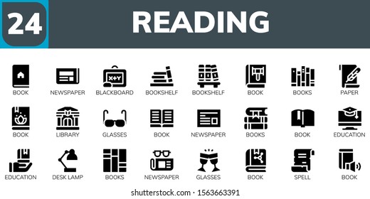 reading icon set. 24 filled reading icons.  Simple modern icons about  - Book, Newspaper, Blackboard, Bookshelf, Books, Paper, Library, Glasses, Education, Desk lamp, Spell