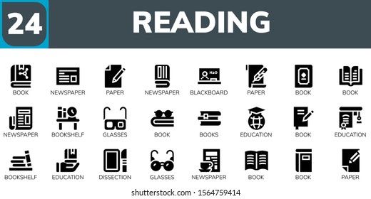 reading icon set. 24 filled reading icons.  Collection Of - Book, Newspaper, Paper, Blackboard, Bookshelf, Glasses, Books, Education, Dissection icons