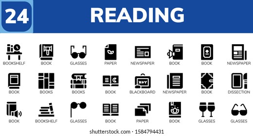 reading icon set. 24 filled reading icons.  Simple modern icons about  - Bookshelf, Book, Glasses, Paper, Newspaper, Books, Blackboard, Dissection